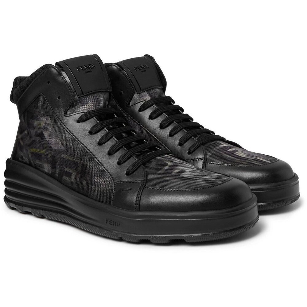 Fendi Leather and Camouflage-Print Mesh High-Top Sneakers Black